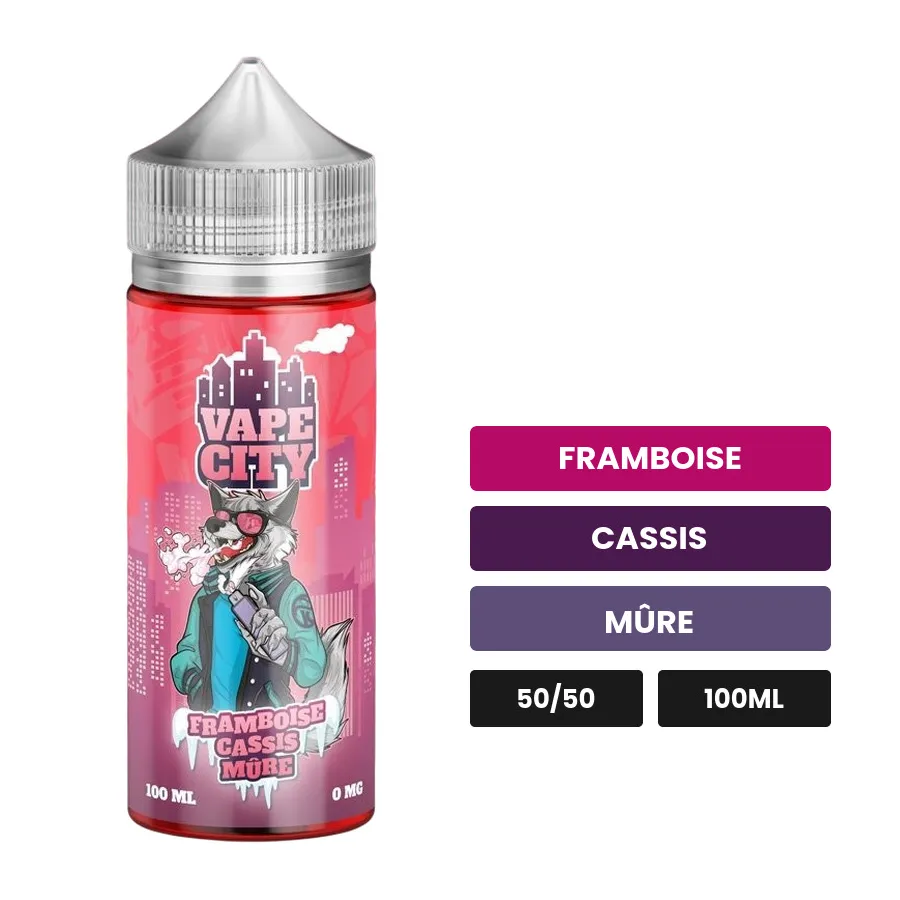 E-liquide Framboise cassis mure de Vape City, 100 ml, saveurs framboise, cassis et mûre.