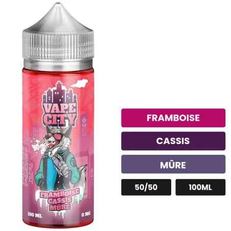 E-liquide Framboise cassis mure de Vape City, 100 ml, saveurs framboise, cassis et mûre.