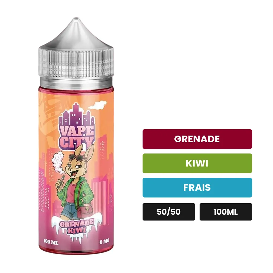 E-liquide Grenade kiwi de Vape City, 100 ml, saveurs grenade, kiwi et frais.