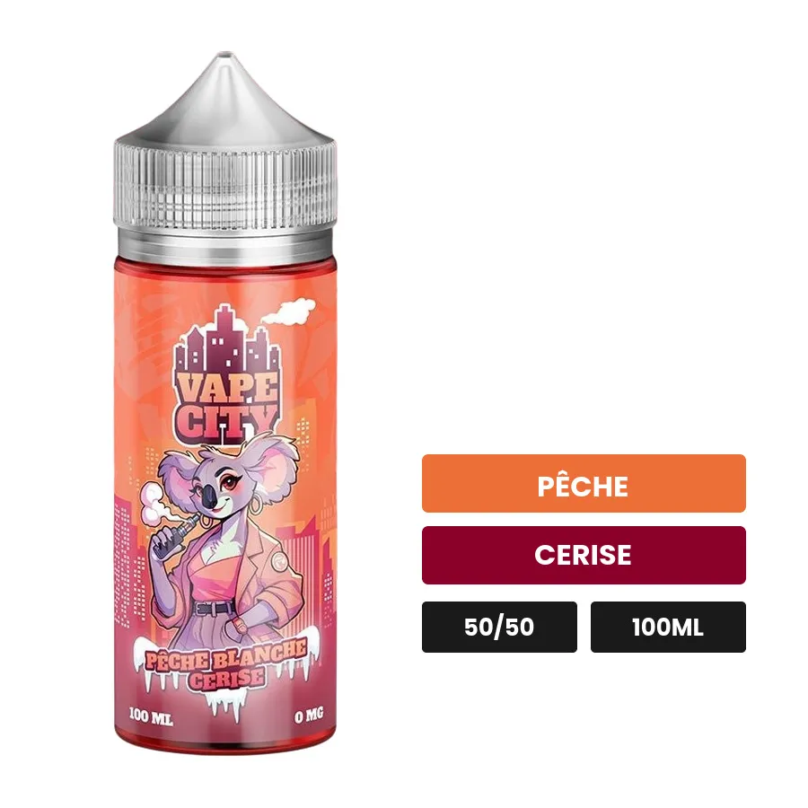 E-liquide Peche blanche cerise de Vape City, 100 ml, saveurs pêche et cerise.