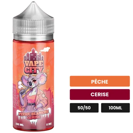 E-liquide Peche blanche cerise de Vape City, 100 ml, saveurs pêche et cerise.