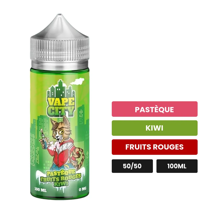 E-liquide Pasteque fruits rouges kiwi de Vape City, 100 ml, saveurs pastèque, kiwi et fruits rouges.