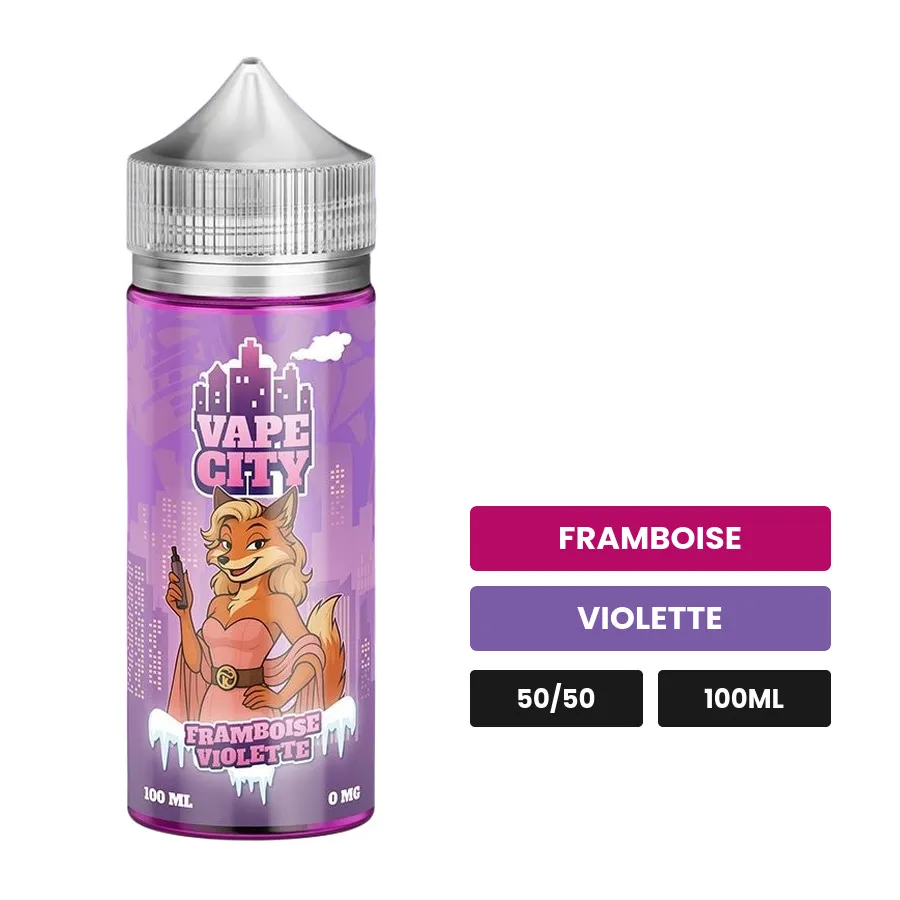 E-liquide Framboise violette de Vape City, 100 ml, saveurs framboise et violette.