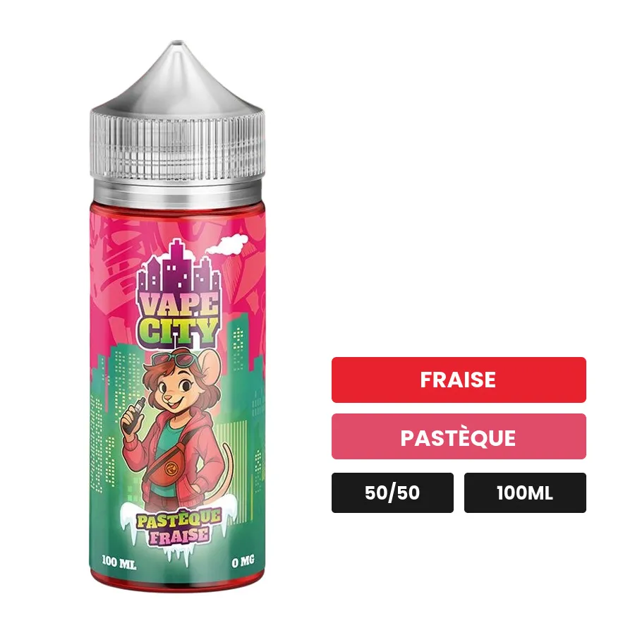 E-liquide Pasteque fraise de Vape City, 100 ml, saveurs fraise et pastèque.