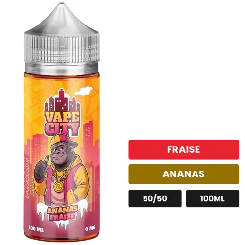 E-liquide Ananas fraise de Vape City, 100 ml, saveurs fraise et ananas.