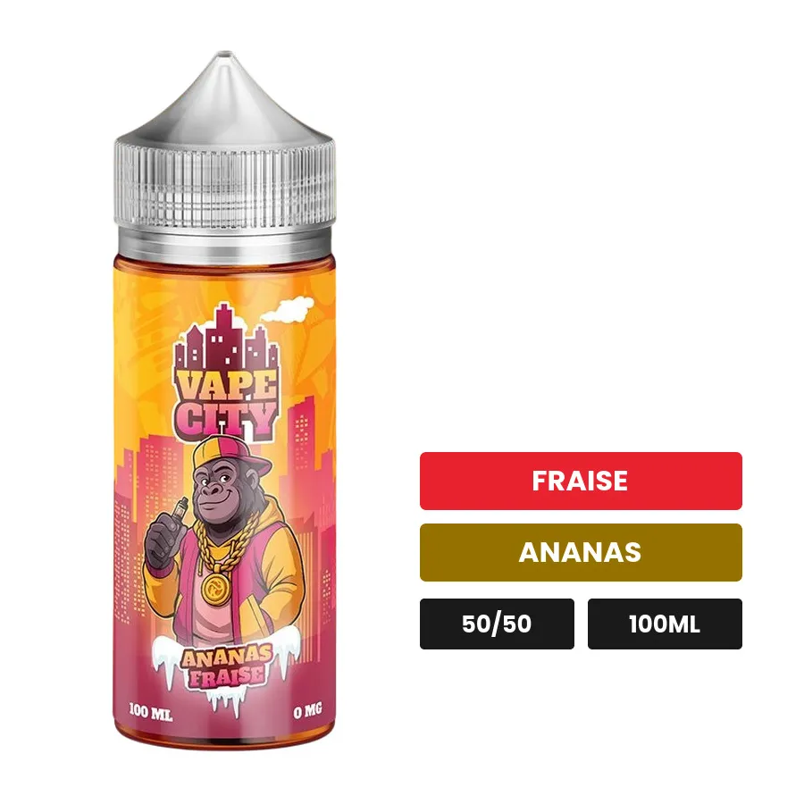 E-liquide Ananas fraise de Vape City, 100 ml, saveurs fraise et ananas.
