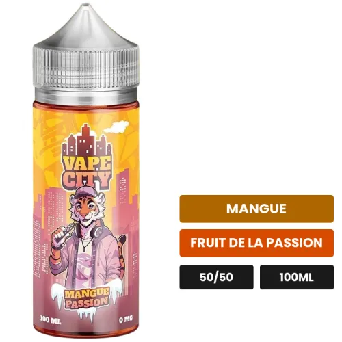 E-liquide Mangue passion de Vape City, 100 ml, saveurs mangue et fruit de la passion.