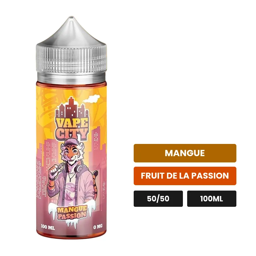 E-liquide Mangue passion de Vape City, 100 ml, saveurs mangue et fruit de la passion.