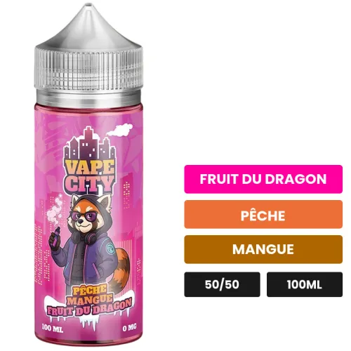 E-liquide Peche mangue fruit du dragon, 100 ml, saveurs fruit du dragon, pêche et mangue.