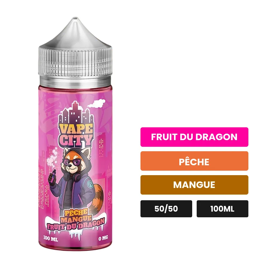 E-liquide Peche mangue fruit du dragon, 100 ml, saveurs fruit du dragon, pêche et mangue.