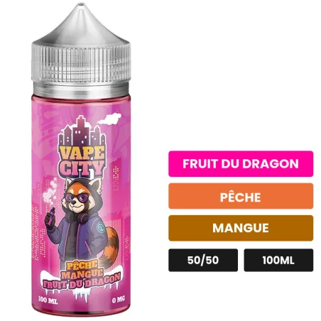 E-liquide Peche mangue fruit du dragon, 100 ml, saveurs fruit du dragon, pêche et mangue.