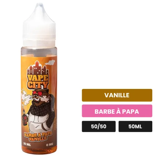 E-liquide Barbe A Papa Vanille de Vape City, 50 ml, saveurs vanille et barbe à papa.