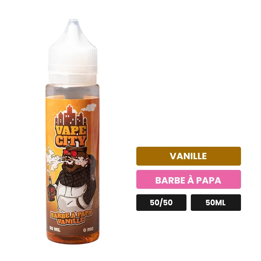 E-liquide Barbe A Papa Vanille de Vape City, 50 ml, saveurs vanille et barbe à papa.