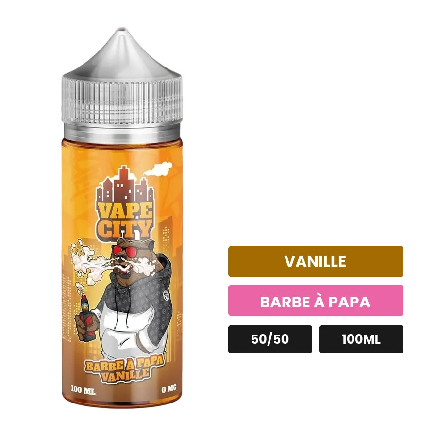 E-liquide Barbe a papa vanille de Vape City, 100 ml, saveurs vanille et barbe à papa.
