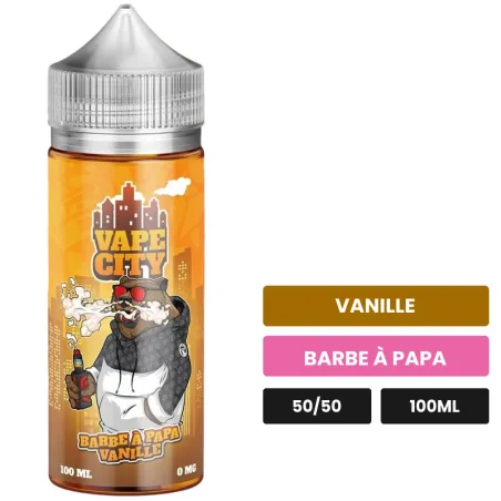 E-liquide Barbe a papa vanille de Vape City, 100 ml, saveurs vanille et barbe à papa.