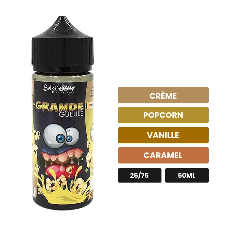 E-liquide La Grande Gueule de Belgi'ohm, 50 ml, saveurs crème, popcorn, vanille et 1 autre.