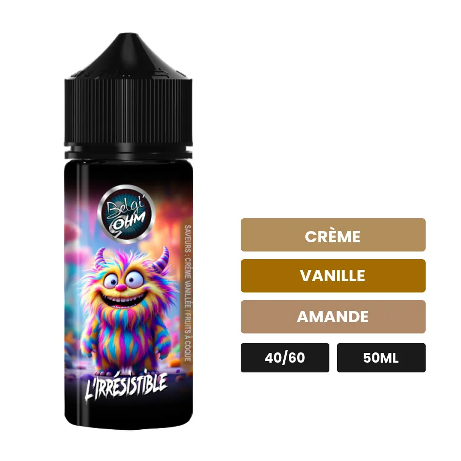 E-liquide L'Irrésistible de Belgi'ohm, 50 ml, saveurs crème, vanille et amande.