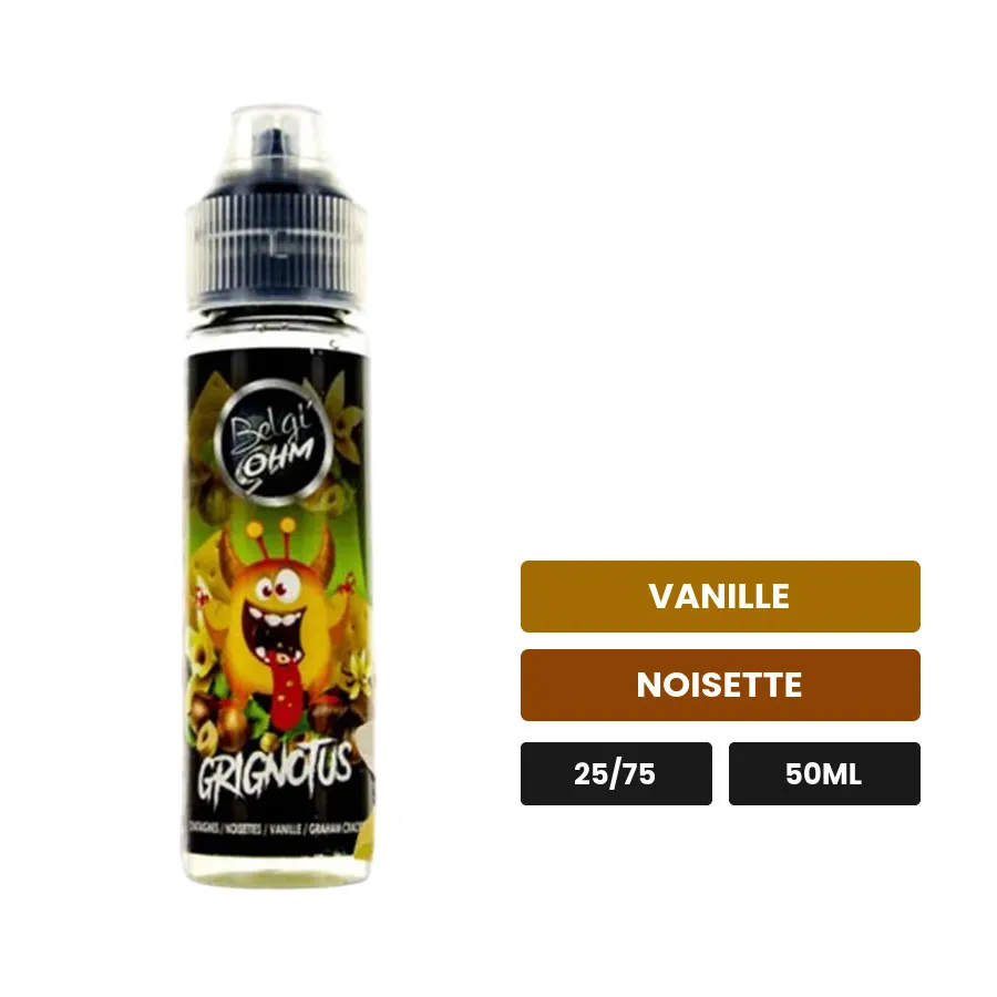 E-liquide Grignotus de Belgi'ohm, 50 ml, saveurs vanille et noisette.