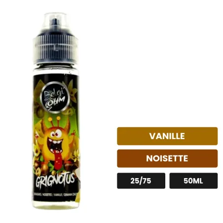 E-liquide Grignotus de Belgi'ohm, 50 ml, saveurs vanille et noisette.