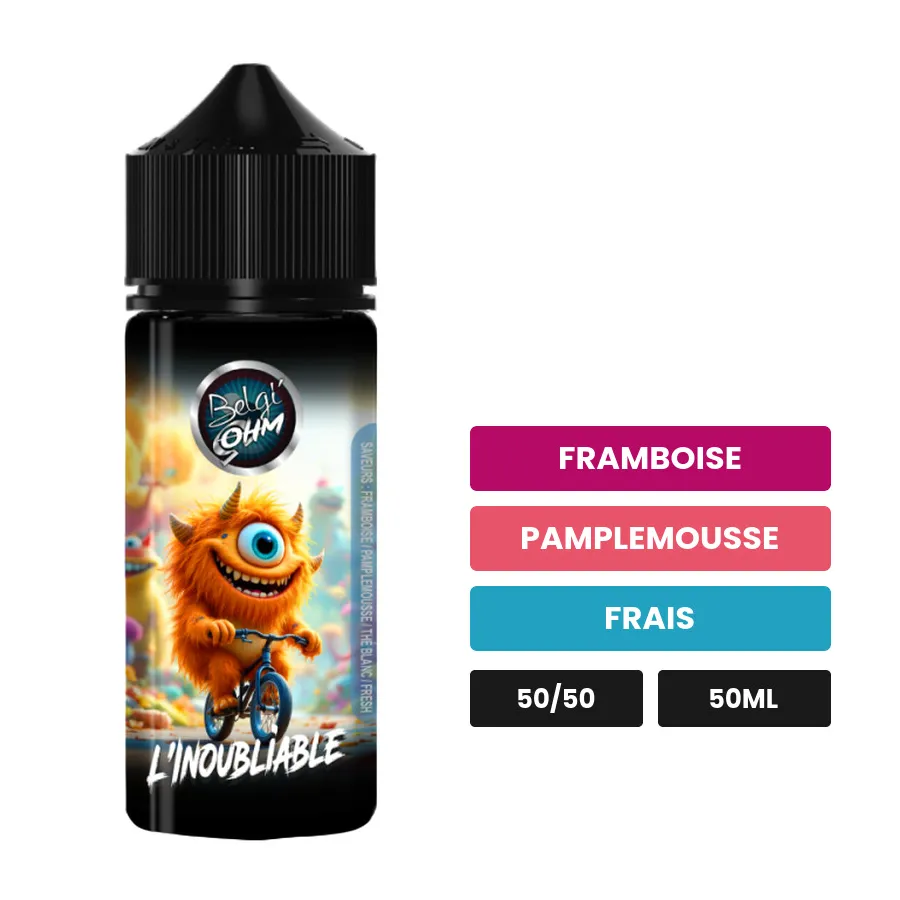 E-liquide L'Inoubliable de Belgi'ohm, 50 ml, saveurs framboise, pamplemousse et frais.