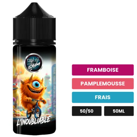 E-liquide L'Inoubliable de Belgi'ohm, 50 ml, saveurs framboise, pamplemousse et frais.