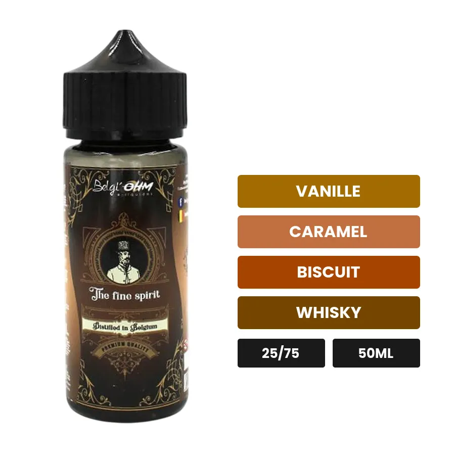 E-liquide Le Fine Spirit de Belgi'ohm, 50 ml, saveurs vanille, caramel, biscuit et 2 autres.