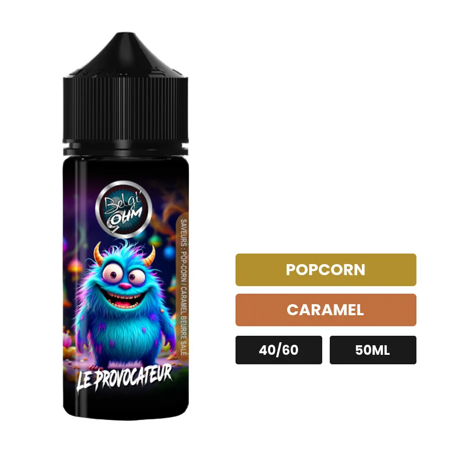 E-liquide Le Provocateur de Belgi'ohm, 50 ml, saveurs popcorn et caramel.