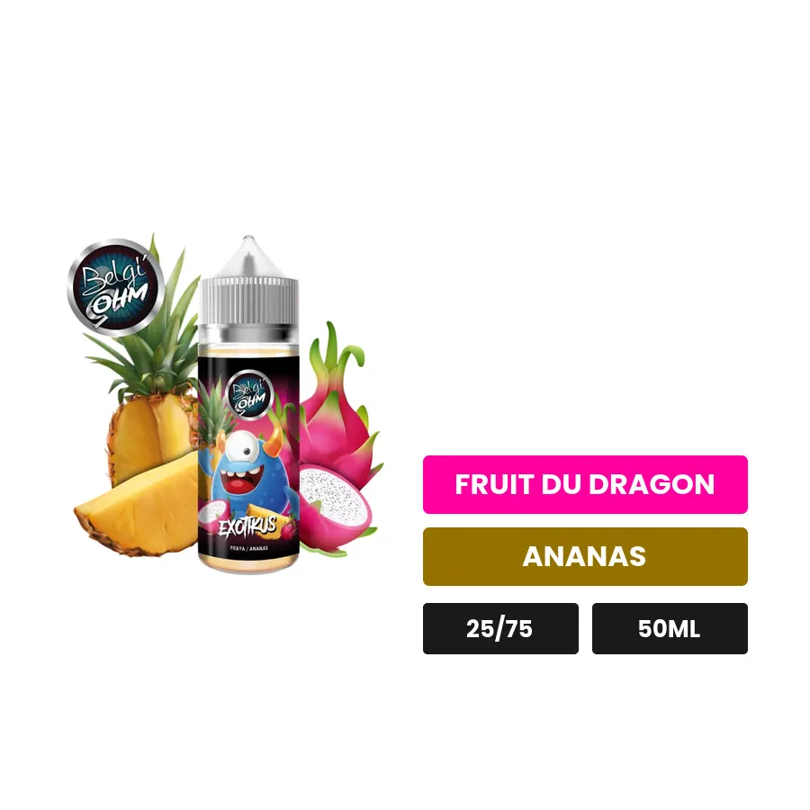 E-liquide Exotikus de Belgi'ohm, 50 ml, saveurs fruit du dragon et ananas.