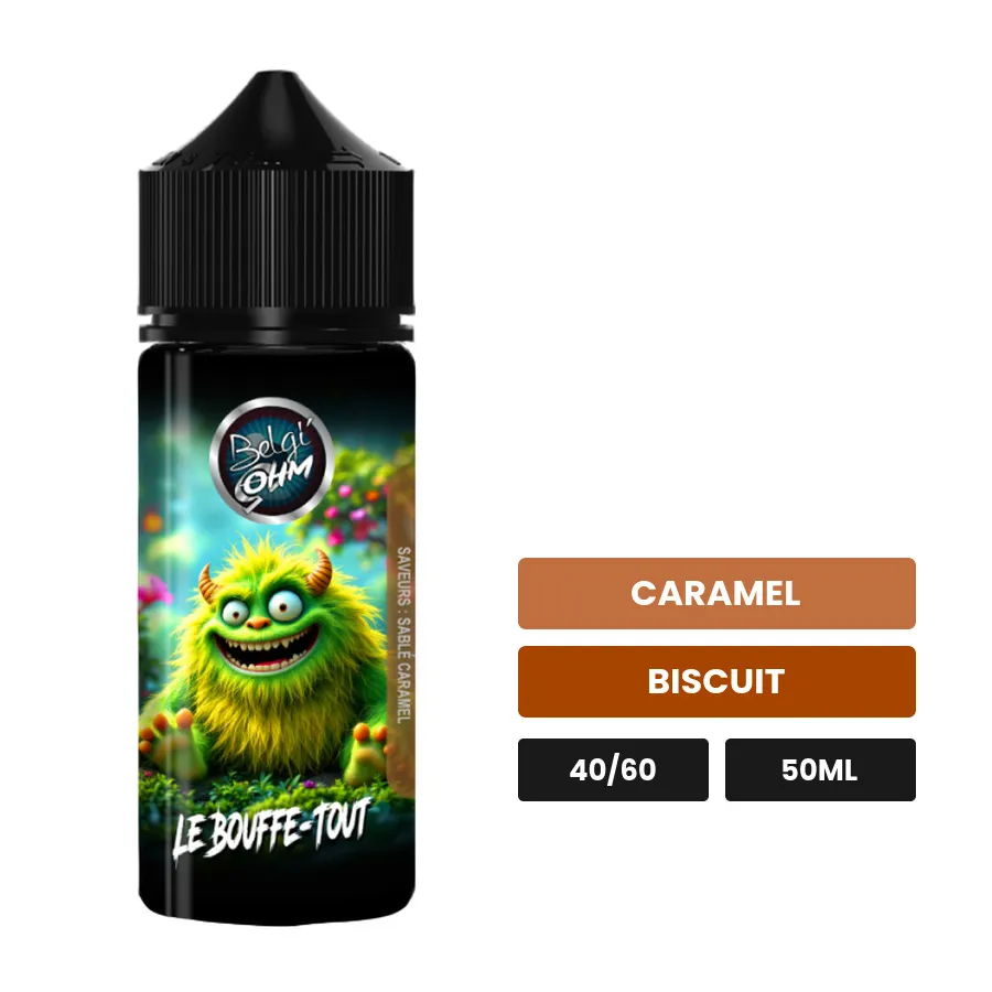 E-liquide Le Bouffe Tout de Belgi'ohm, 50 ml, saveurs caramel et biscuit.