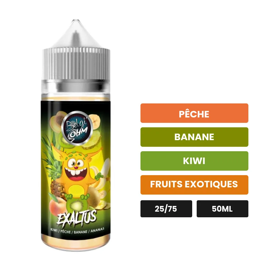 E-liquide Exaltus de Belgi'ohm, 50 ml, saveurs pêche, banane, kiwi et 1 autre.