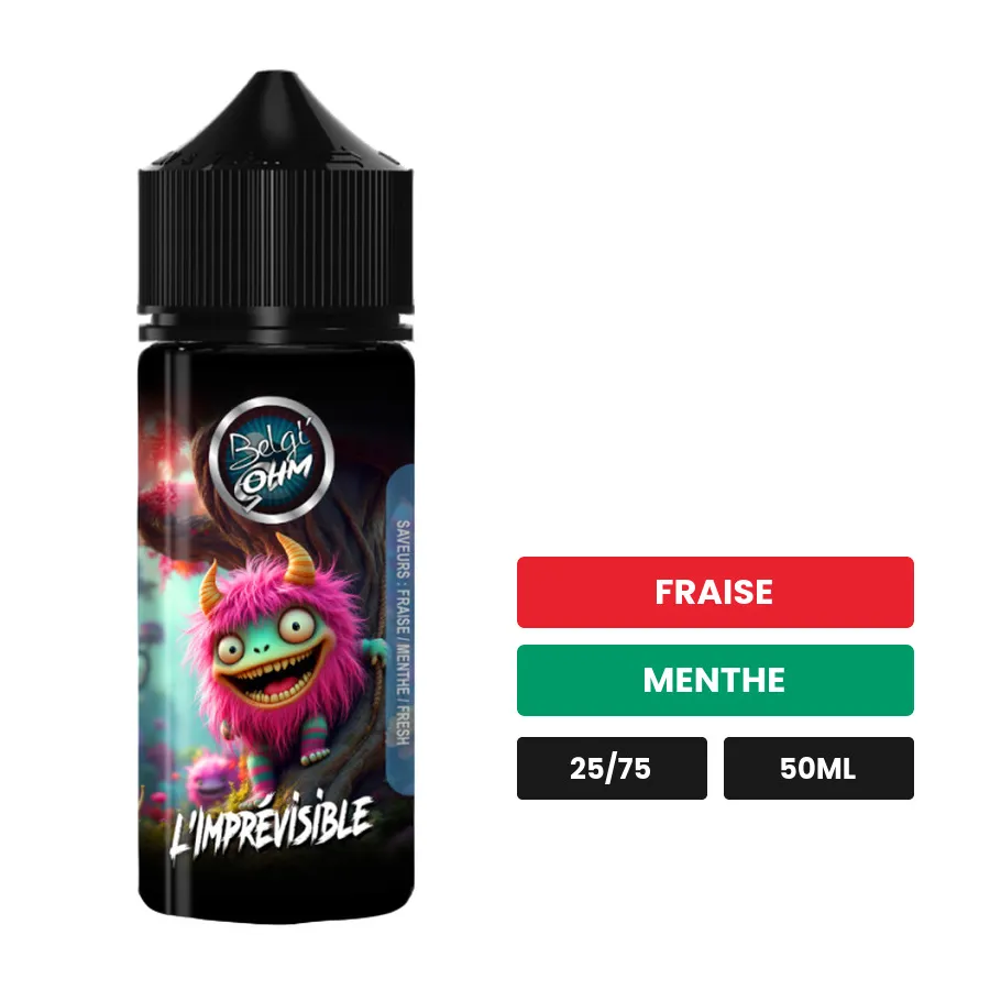 E-liquide L'Imprévisible de Belgi'ohm, 50 ml, saveurs fraise et menthe.