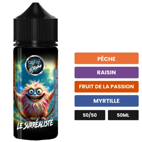 E-liquide Le Surréaliste de Belgi'ohm, 50 ml, saveurs pêche, raisin, fruit de la passion et 2 autres.