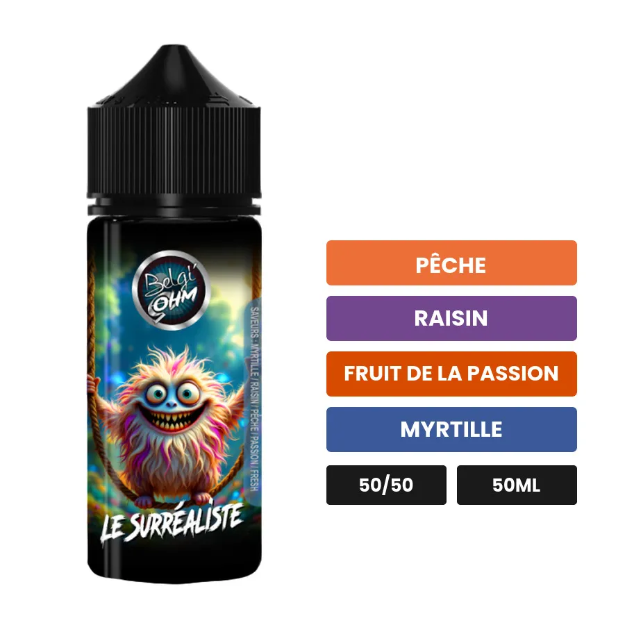 E-liquide Le Surréaliste de Belgi'ohm, 50 ml, saveurs pêche, raisin, fruit de la passion et 2 autres.