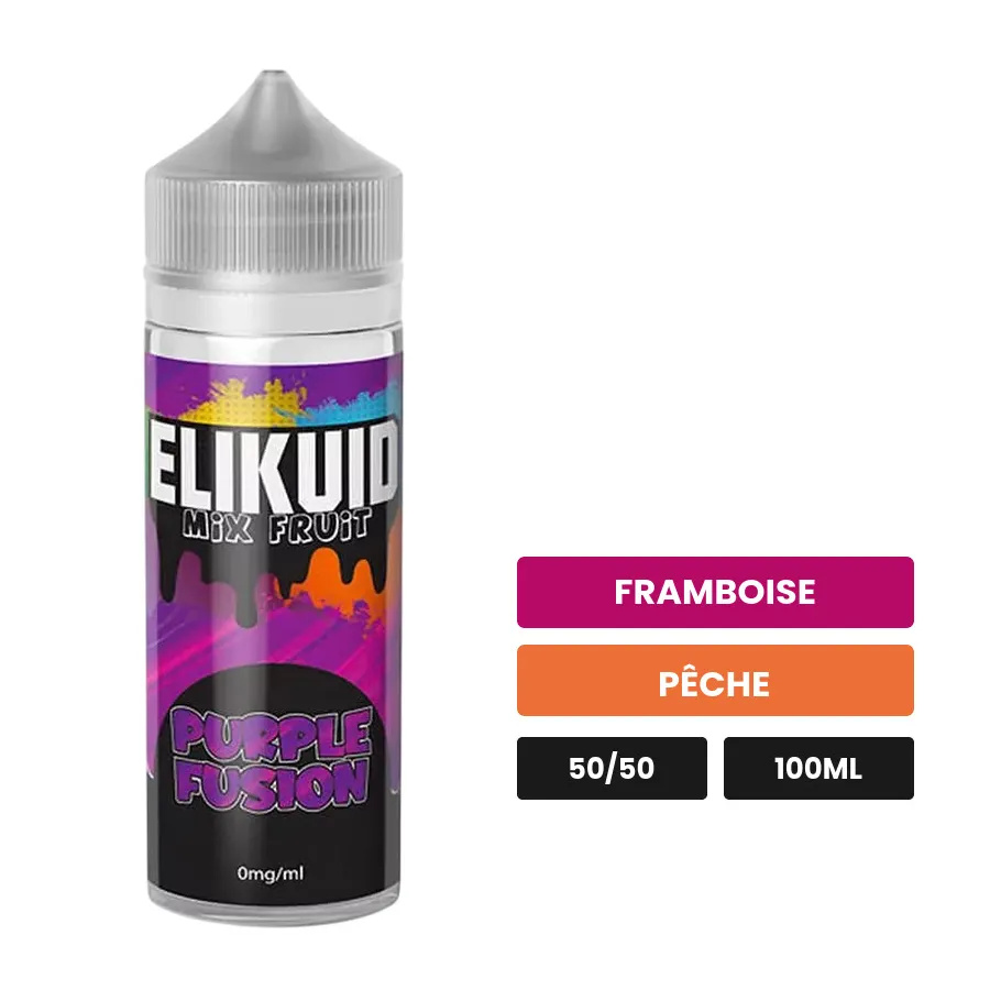 E-liquide Purple Fusion d'O'Jlab, 100 ml, saveurs framboise et pêche.