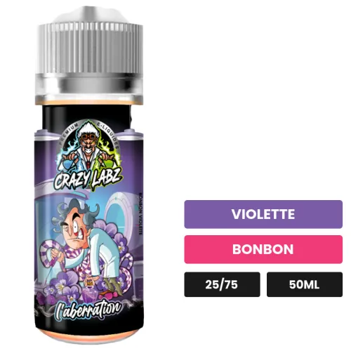 E-liquide L’Abérration de Belgi'ohm, 50 ml, saveurs violette et bonbon.