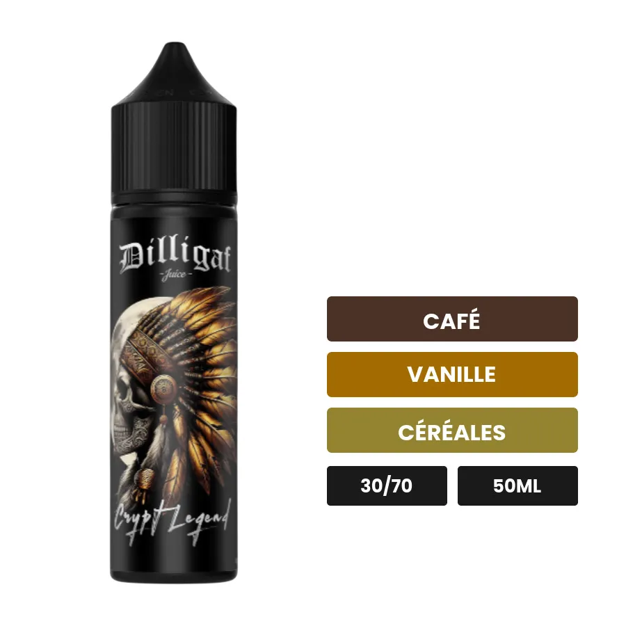 E-liquide Crypt Legend de Dilligaf, 50 ml, saveurs café, vanille et céréales.