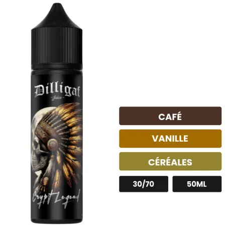 E-liquide Crypt Legend de Dilligaf, 50 ml, saveurs café, vanille et céréales.