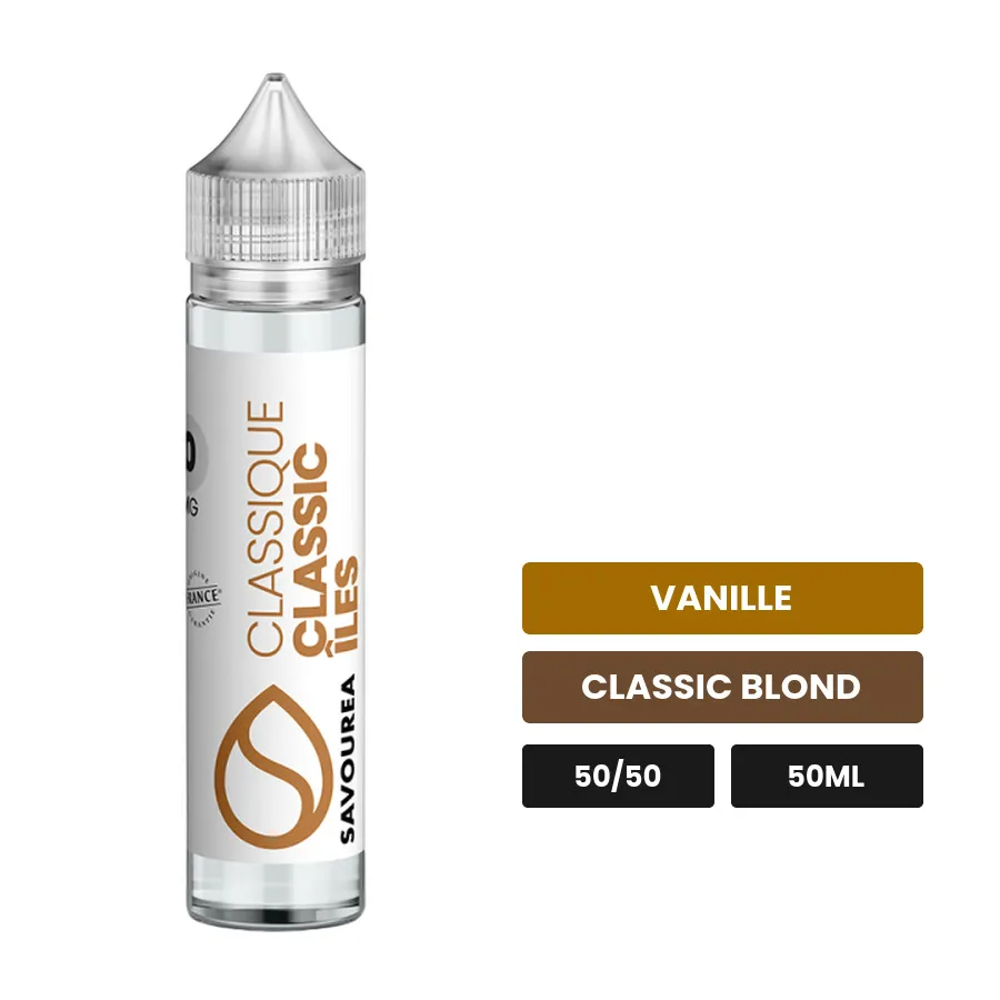 E-liquide Classic Iles Classique de Savourea, 50 ml, saveurs vanille et classic blond.