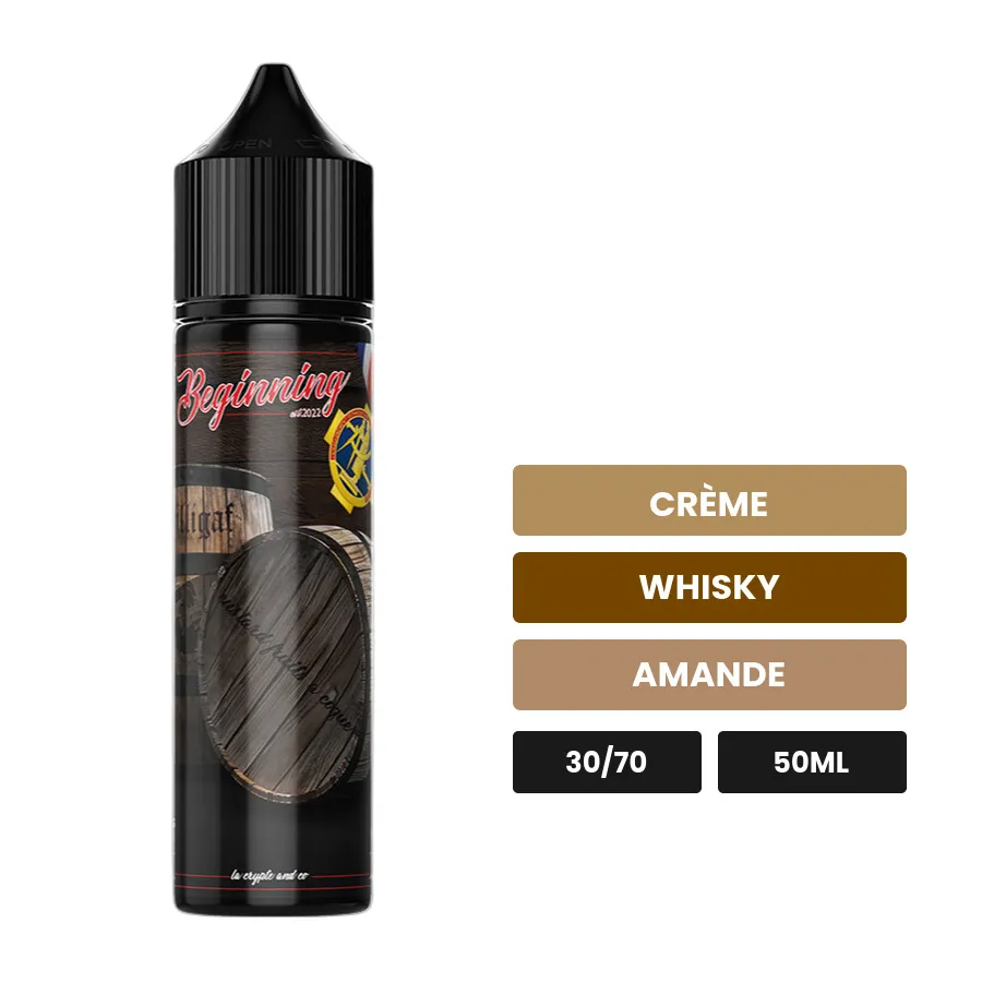 E-liquide Beginning de Dilligaf, 50 ml, saveurs crème, whisky et amande.