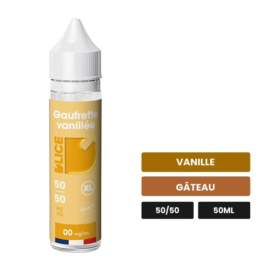 E-liquide Gaufrette Vanillée de D'Lice, 50 ml, saveurs vanille et gâteau.