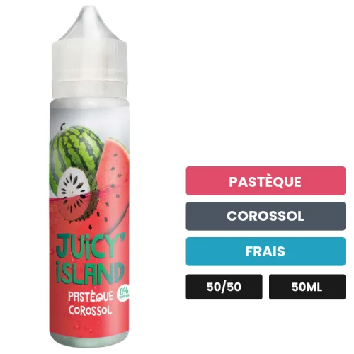 E-liquide Pastèque Corossol de Juicy' Island, 50 ml, saveurs pastèque, corossol et frais.