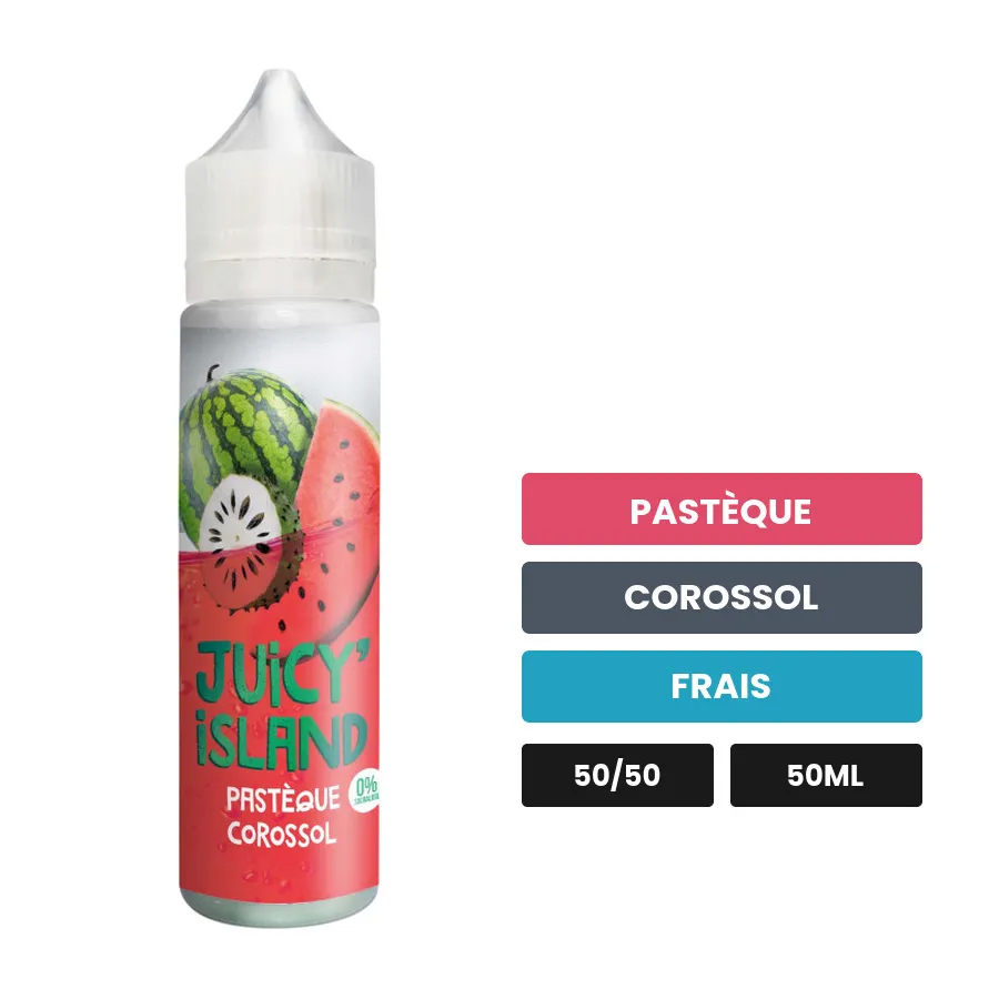 E-liquide Pastèque Corossol de Juicy' Island, 50 ml, saveurs pastèque, corossol et frais.
