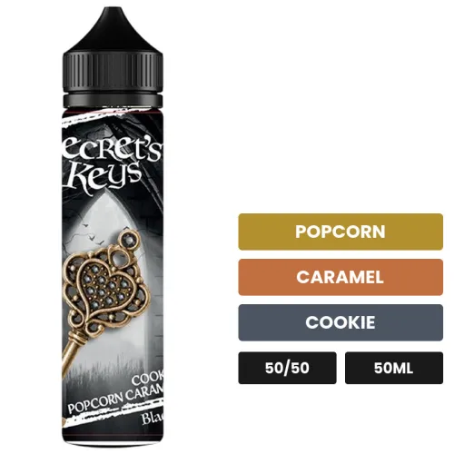 E-liquide Black Key de Secret's Lab, 50 ml, saveurs popcorn, caramel et cookie.