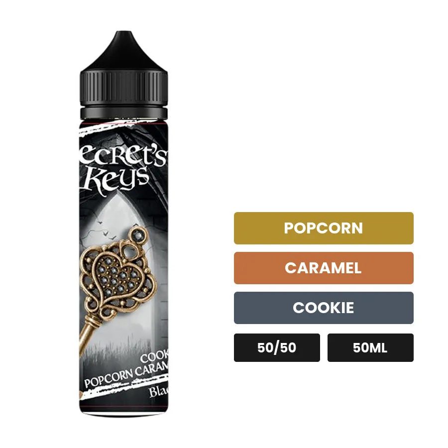 E-liquide Black Key de Secret's Lab, 50 ml, saveurs popcorn, caramel et cookie.