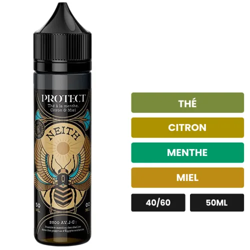 E-liquide Neith de Protect, 50 ml, saveurs thé, citron, menthe et 1 autre.