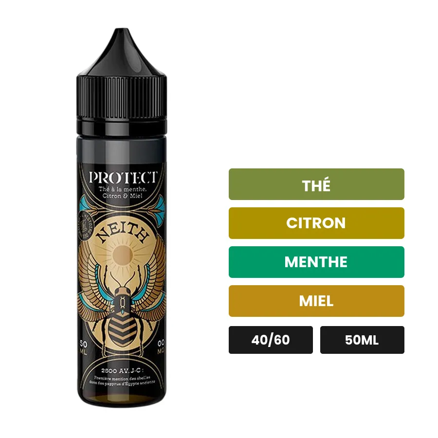 E-liquide Neith de Protect, 50 ml, saveurs thé, citron, menthe et 1 autre.