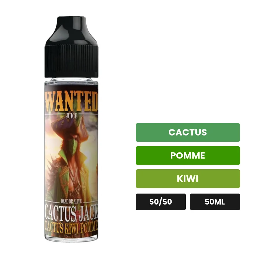 E-liquide Cactus Jack de Wanted Juice, 50 ml, saveurs cactus, pomme et kiwi.