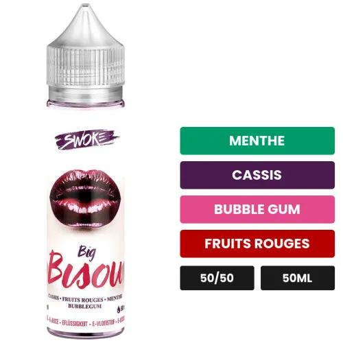 E-liquide Big Bisou de Swoke, 50 ml, saveurs menthe, cassis, bubble gum et 2 autres.