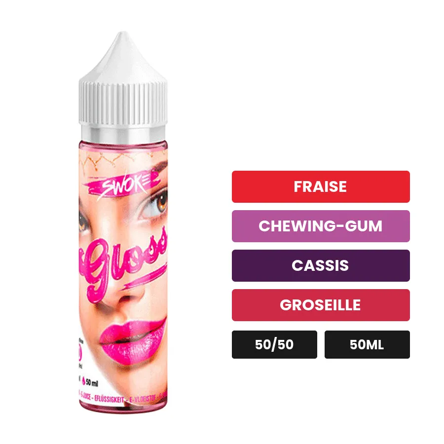 E-liquide Gloss de Swoke, 50 ml, saveurs fraise, chewing-gum, cassis et 1 autre.
