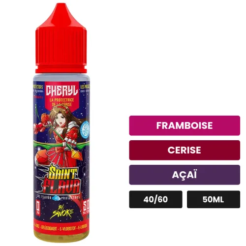 E-liquide Cheryl de Swoke, 50 ml, saveurs framboise, cerise et açaï.